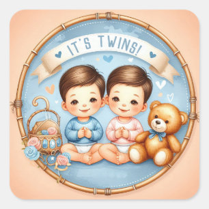Cute Twin Boys Baby Shower Watercolor Teddy Bear Square Sticker