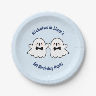 Cute Twin Boys Blue Halloween 1st Birthday Paper Plate