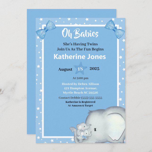 Cute Twin Boys Elephant Baby Shower Invitations (Front/Back)