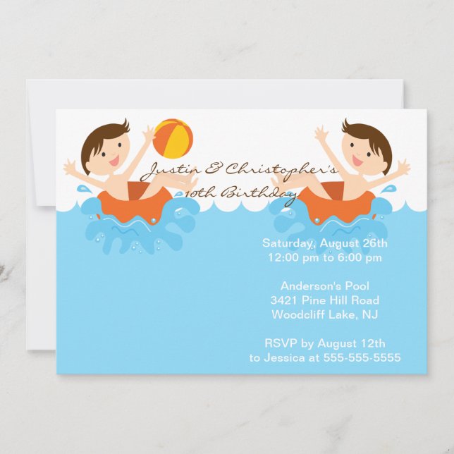 CUTE Twin Boys Pool Party Birthday Invitation (Front)
