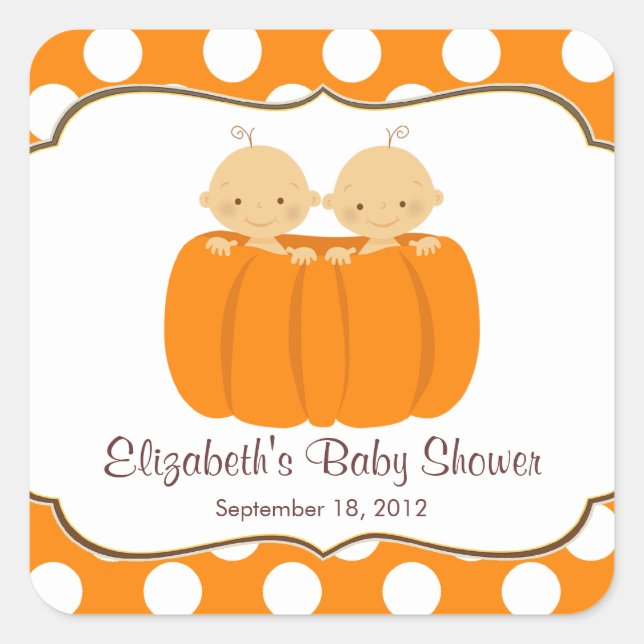 Cute Twin Boys Pumpkin Baby Shower Square Sticker! Square Sticker (Front)
