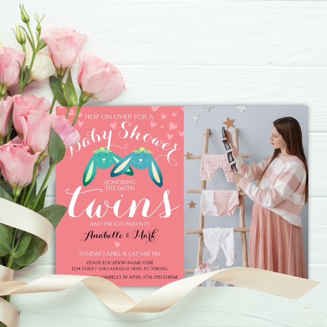 Cute Twin Bunnies Pastel Neutral Baby Shower Photo Invitation (Creator Uploaded)
