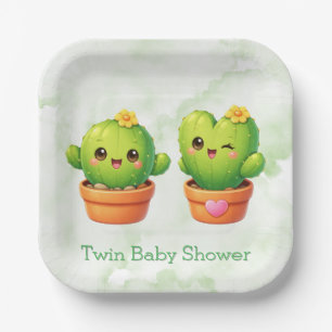 Cute Twin Cactus Baby Shower Paper Plate