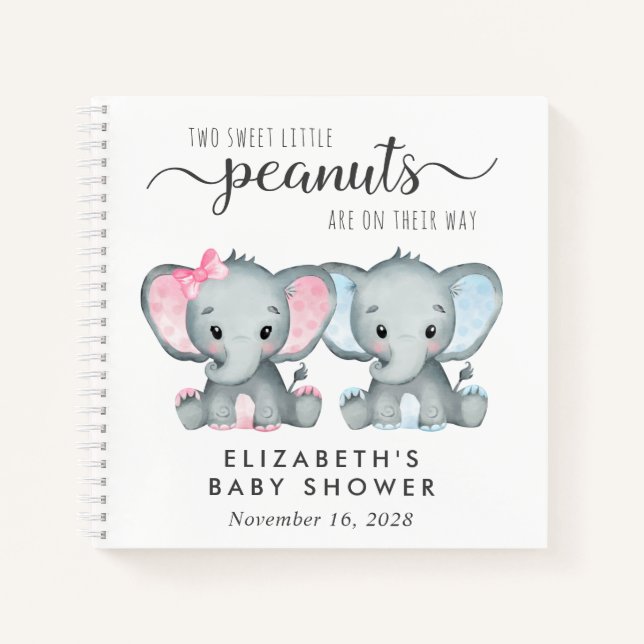 Cute Twin Girl Boy Elephant Baby Shower Guest Book (Front)