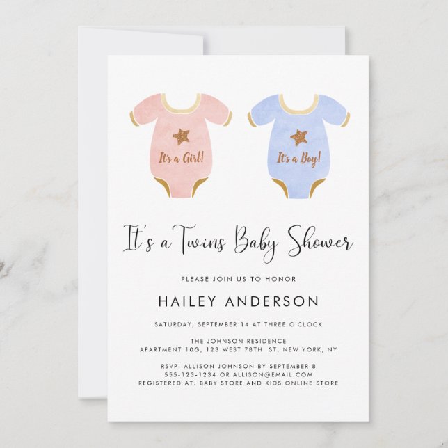 Cute Twin Girl Boy Watercolor Baby Shower Invitation (Front)