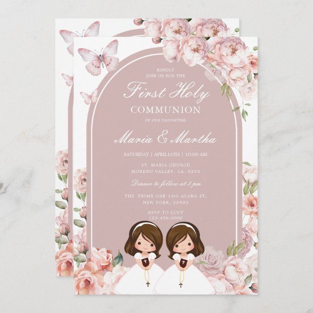 Cute Twin Girl First Holy Communion Pink Floral Invitation (Front/Back)