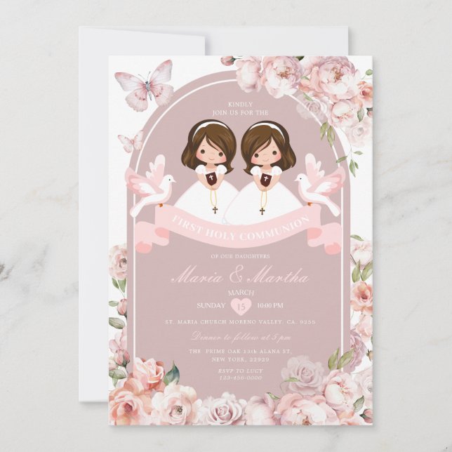Cute TWIN Girl First Holy Communion Pink Floral Invitation (Front)