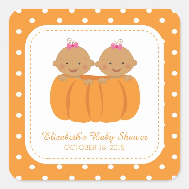Cute Twin Girl Pumpkin Baby Shower Square Sticker! Square Sticker (Front)