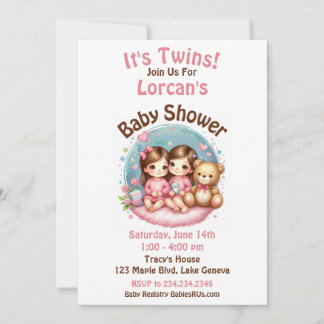Cute Twin Girl's Baby Shower Watercolor Teddy Bear Invitation