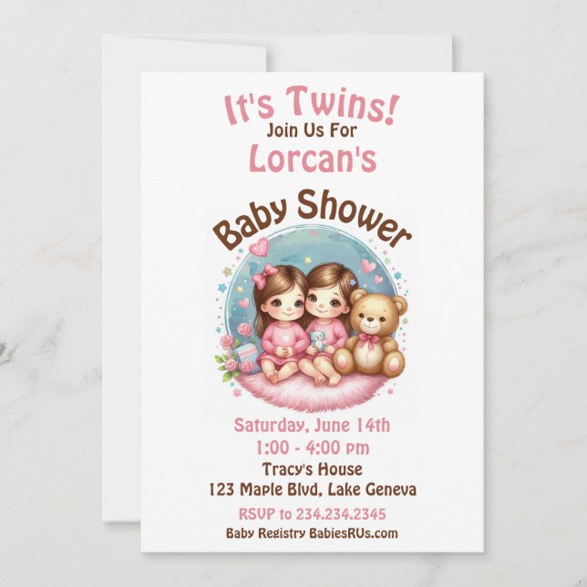 Cute Twin Girl's Baby Shower Watercolor Teddy Bear Invitation (Front)