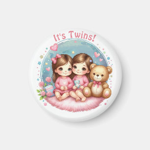 Cute Twin Girl's Baby Shower Watercolor Teddy Bear Magnet