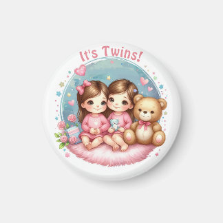 Cute Twin Girl's Baby Shower Watercolor Teddy Bear Magnet