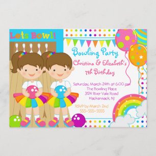 Cute Twin Girls Bowling Birthday Party Invitation