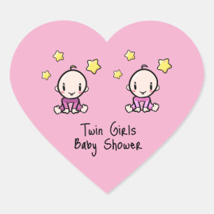Cute Twin Girls, Pink, Personalised Twin Babies Heart Sticker