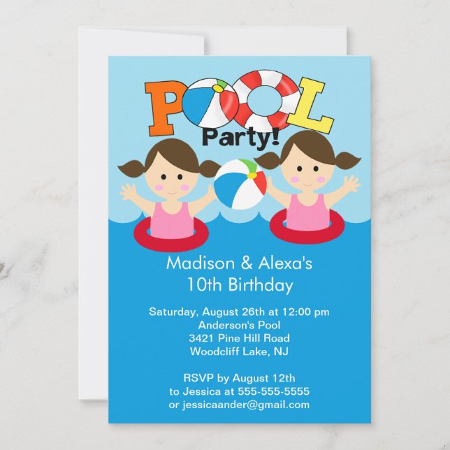 CUTE Twin Girls Pool Party Birthday Invitation (Front)