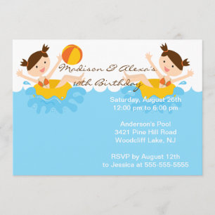 CUTE Twin Girls Pool Party Birthday Invitation