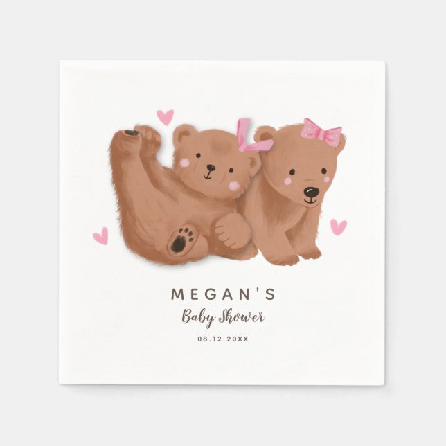 Cute Twin Girls Rustic Bear Baby Shower Napkins (Front)