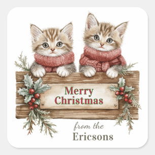 Cute Twin Kittens Merry Christmas Sign Square Sticker