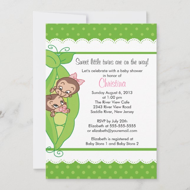 Cute Twin Monkeys Pea Pod Baby Shower Invitations (Front)