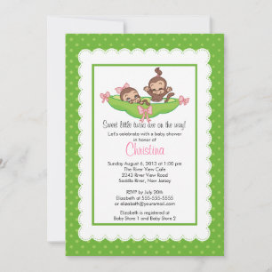 Cute Twin Monkeys Pea Pod Baby Shower Invitations