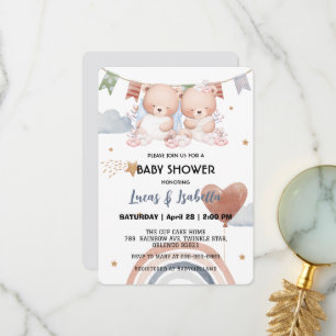 Cute twin teddy bear star balloon baby shower than thank you card