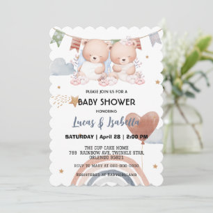 Cute twin teddy bear star balloon baby shower than thank you card