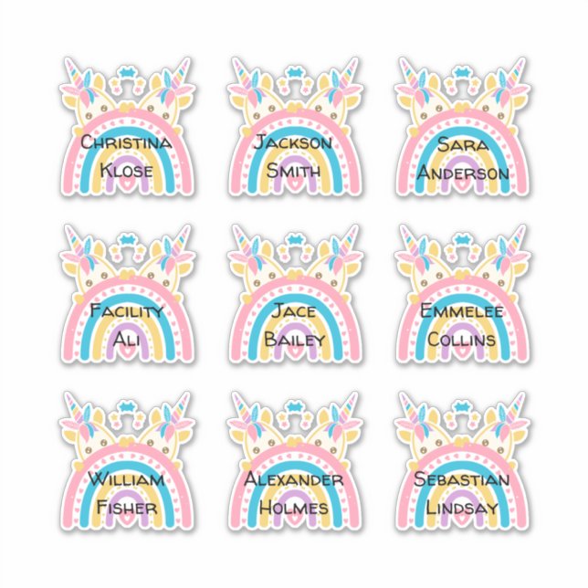 Cute Twin Unicorn Custom Multiple Name Stickers (Front)