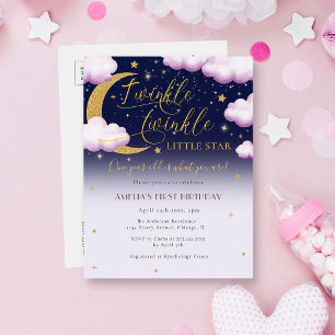 Cute Twinkle Little Star Girl's First Birthday Invitation Postcard