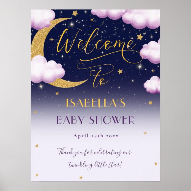 Cute Twinkle Little Star Pink Girl Baby Shower Poster (Front)