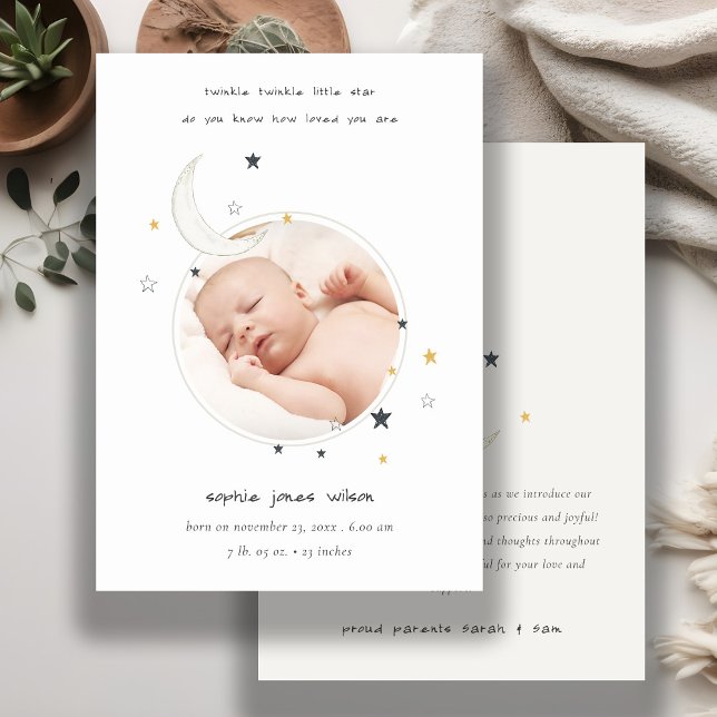Cute Twinkle Star Moon Photo Birth Announcement (Creator Uploaded)