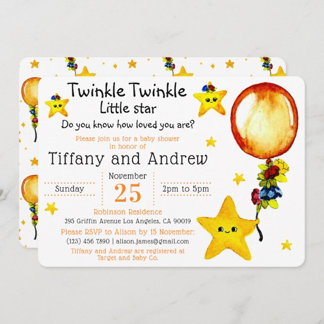 Cute Twinkle Twinkle Little Star Co-ed Baby Shower Invitation (Front/Back)