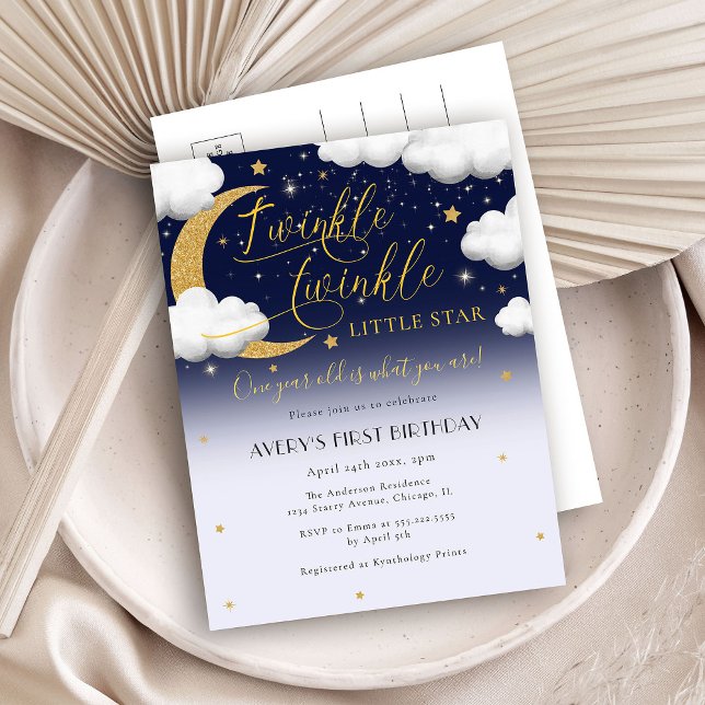 Cute Twinkle Twinkle Little Star First Birthday Invitation Postcard (Creator Uploaded)