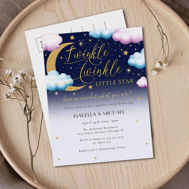 Cute Twinkle Twinkle Little Star Gender Reveal Invitation Postcard (Creator Uploaded)