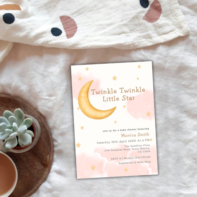 Cute Twinkle Twinkle Moon Stars Girl Baby Shower Invitation (Cute Twinkle Twinkle Moon Stars Girl Baby Shower Invitation)