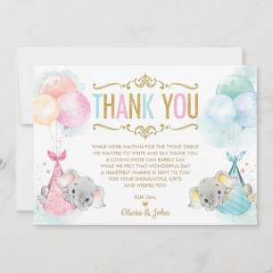 Cute Twins Baby Boy Girl Elephant Baby Shower Thank You Card