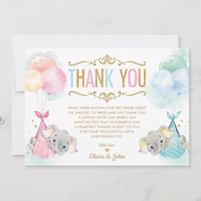 Cute Twins Baby Boy Girl Elephant Baby Shower Thank You Card (Front)