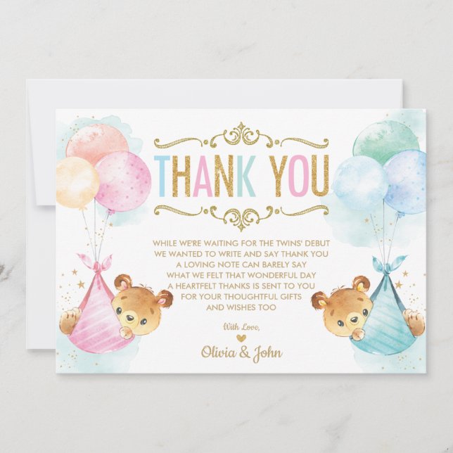 Cute Twins Baby Boy Girl Teddy Bears Baby Shower Thank You Card (Front)