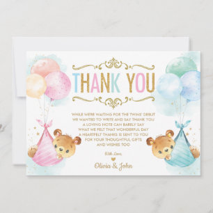 Cute Twins Baby Boy Girl Teddy Bears Baby Shower Thank You Card