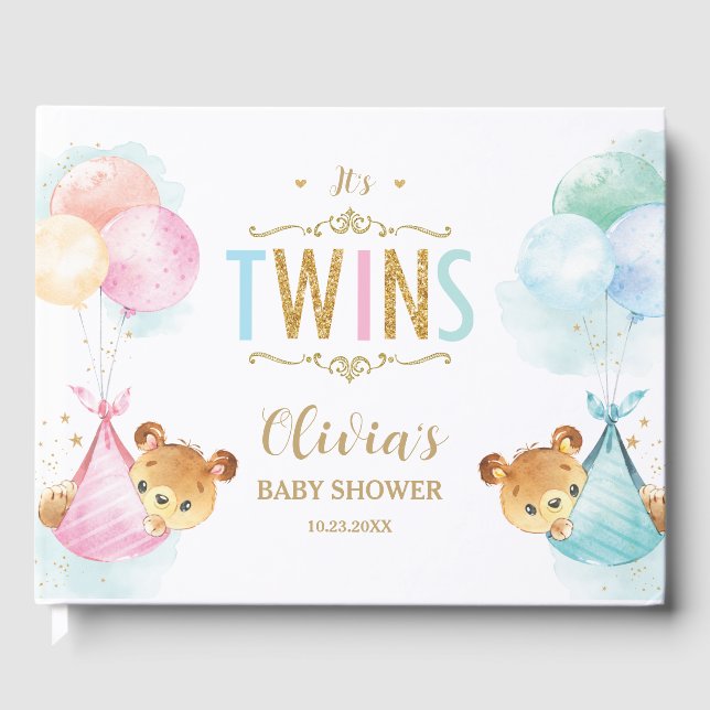 Cute Twins Baby Girl Boy Teddy Bears Baby Shower Guest Book (Front)