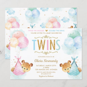 Cute Twins Baby Girl Boy Teddy Bears Baby Shower Invitation