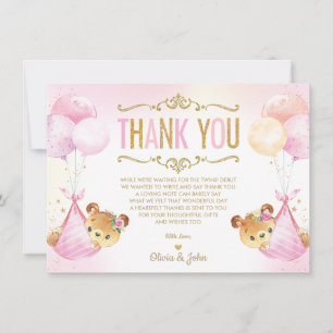 Cute Twins Baby Girls Teddy Bears Baby Shower  Thank You Card