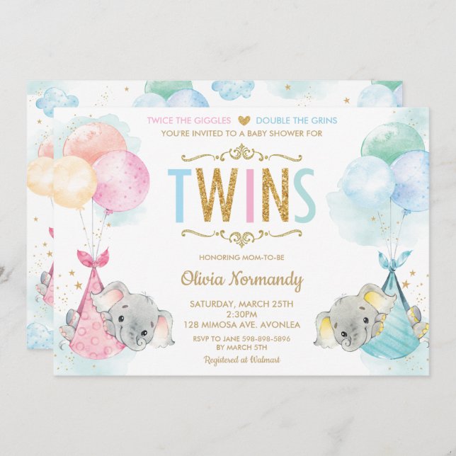 Cute Twins Boy Girl Elephant Baby Shower Sprinkle Invitation (Front/Back)
