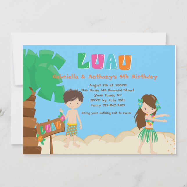 Cute Twins Boy & Girl Luau Birthday Invitation (Front)