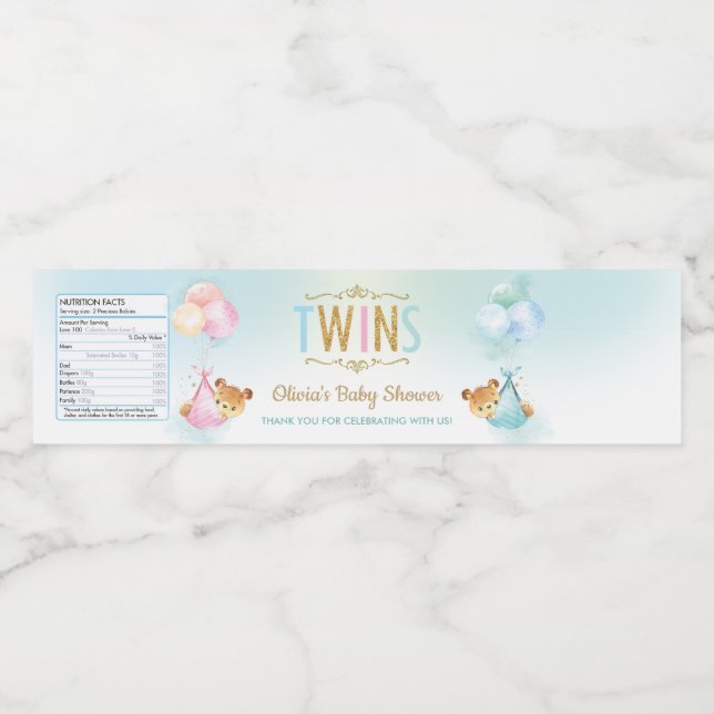 Cute Twins Boy Girl Teddy Bear Baby Shower Favour Water Bottle Label (Single Label)