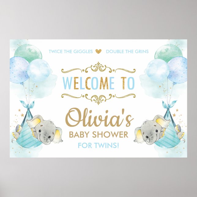 Cute Twins Boys Elephants Baby Shower Welcome Sign (Front)