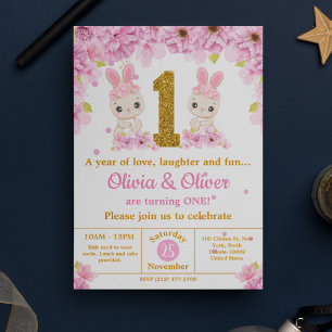 Cute Twins Bunny Rabbit Girls 1st Birthday Party Invitation