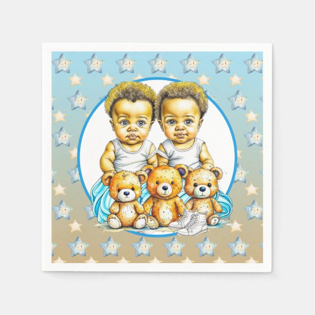 Cute Twins of colour Baby Boys Baby Shower Treats Napkin (Front)