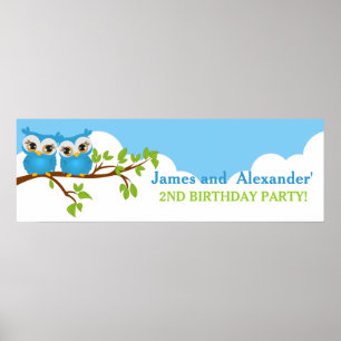 Cute Twins Owls on Branch Boys Birthday Banner Poster