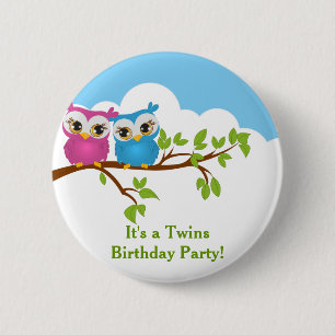 Cute Twins Owls on Branch Girl Boy Birthday Button
