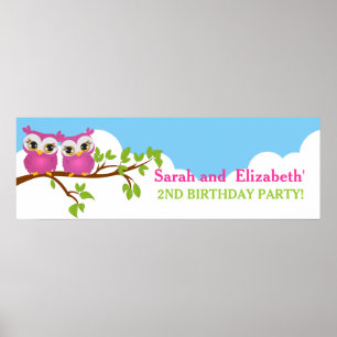Cute Twins Owls on Branch Girls Birthday Banner Poster